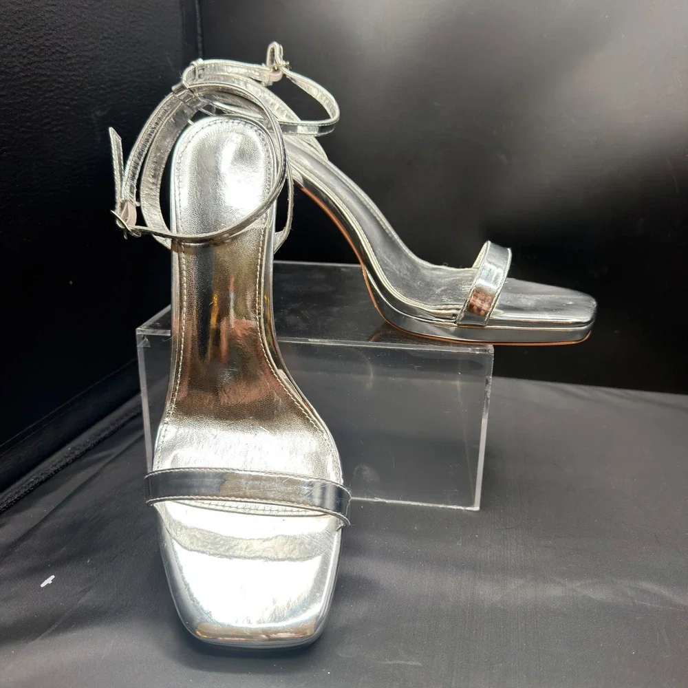 Elisabet Tang Womens Silver Metallic Square Toe Stiletto Ankle Strap Heels 11